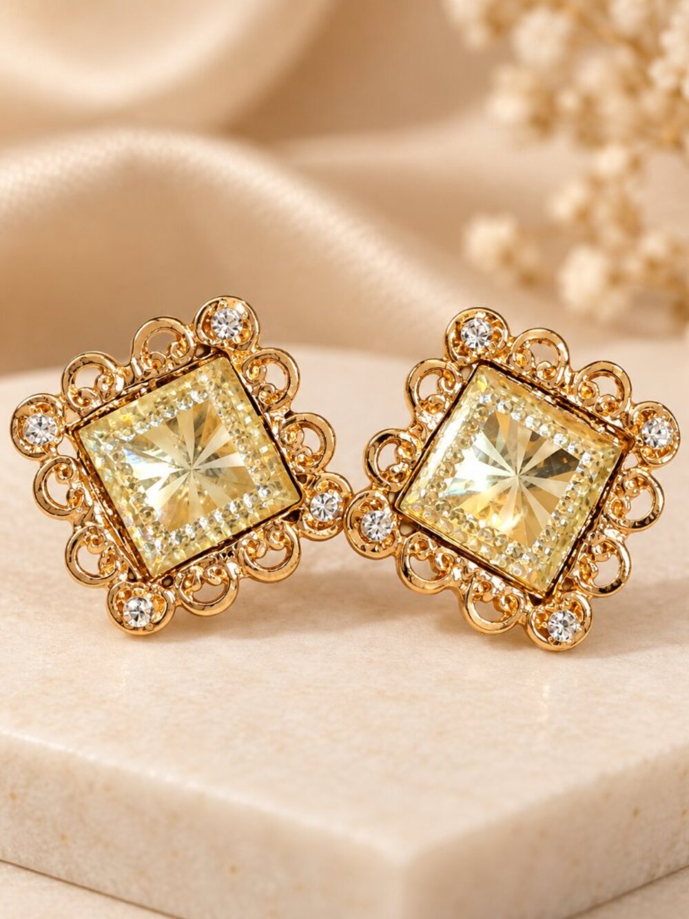 Gold Tone Yellow Crystal Statement Earrings